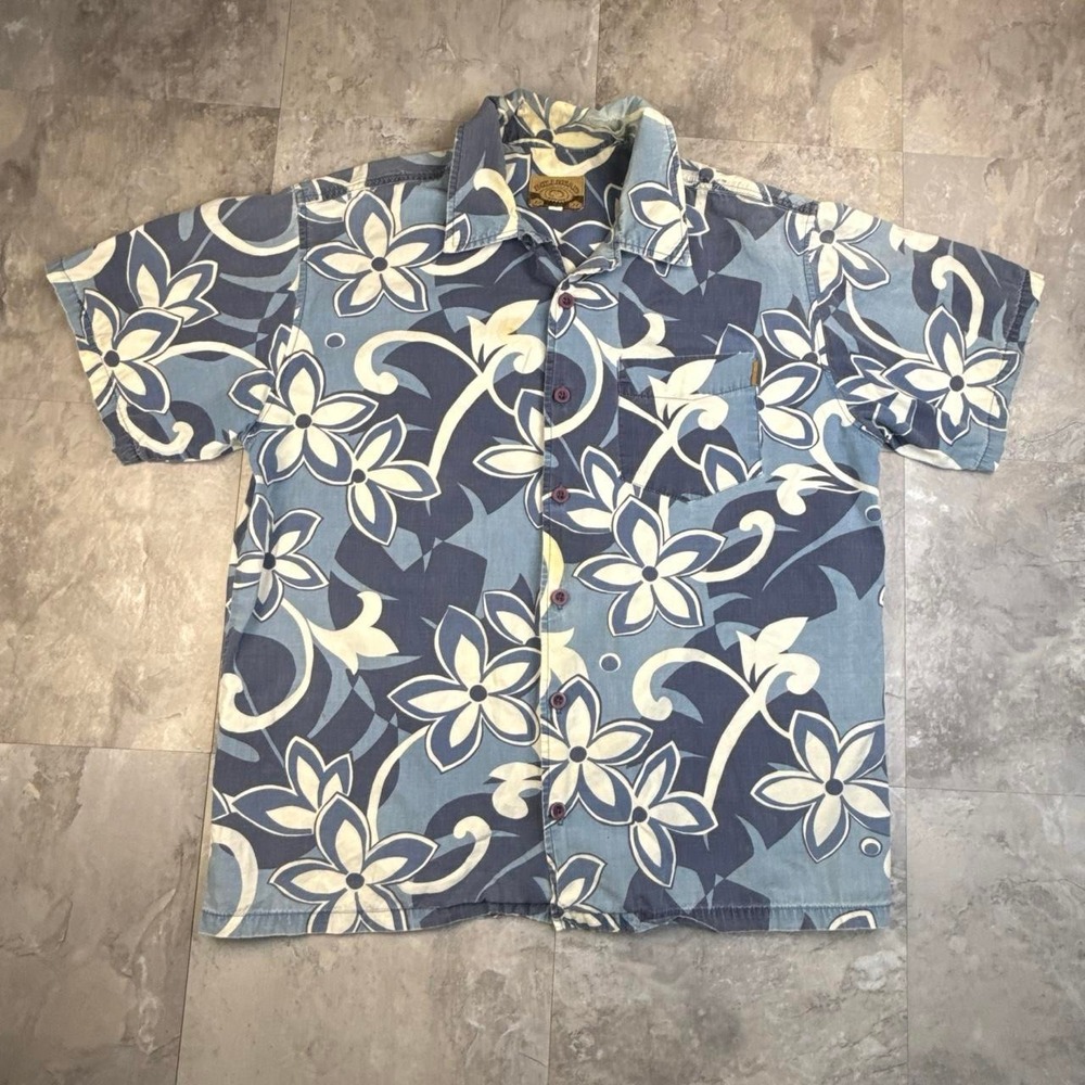 Vintage Blue Bullhead Hawaiian Floral Button Up Shirt Medium
